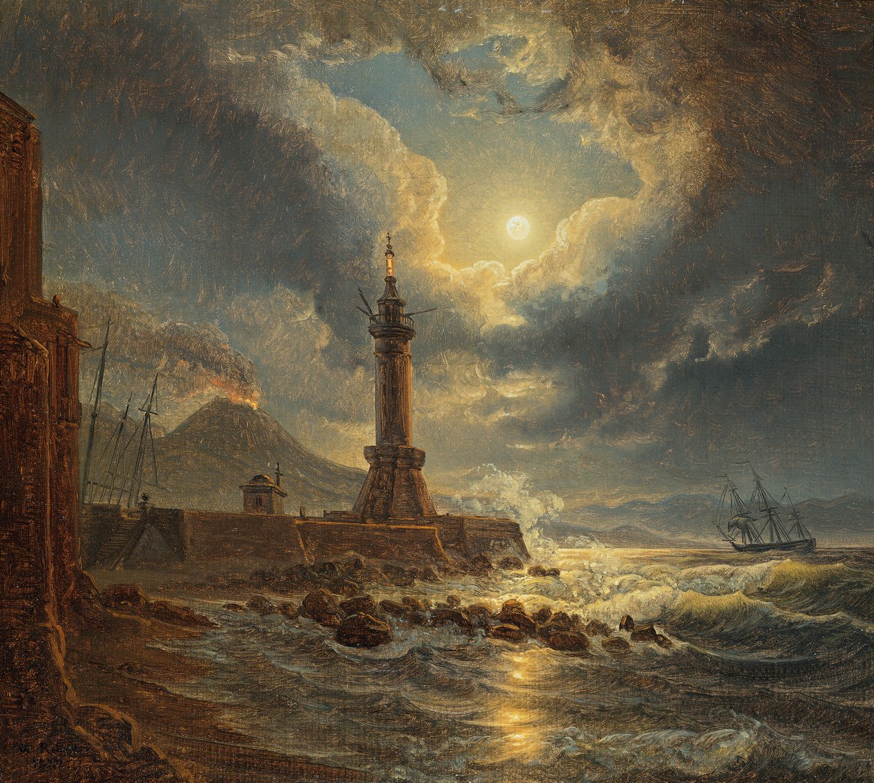 Latarnia morska w porcie w Neapolu przy świetle księżyca autorstwa Joseph Rebell