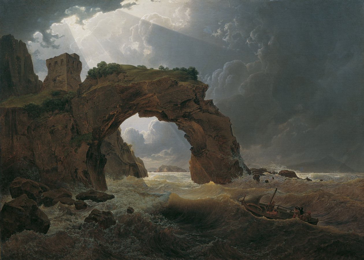 Burza morska w Arco di Miseno w pobliżu Miliscola z widokiem na Nisida autorstwa Joseph Rebell
