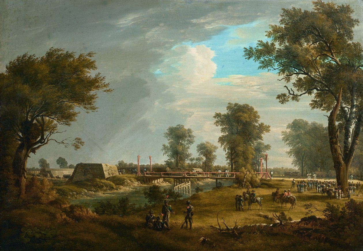 Scena z wojen napoleońskich: Most w Lobau z piechotą francuską autorstwa Joseph Rebell