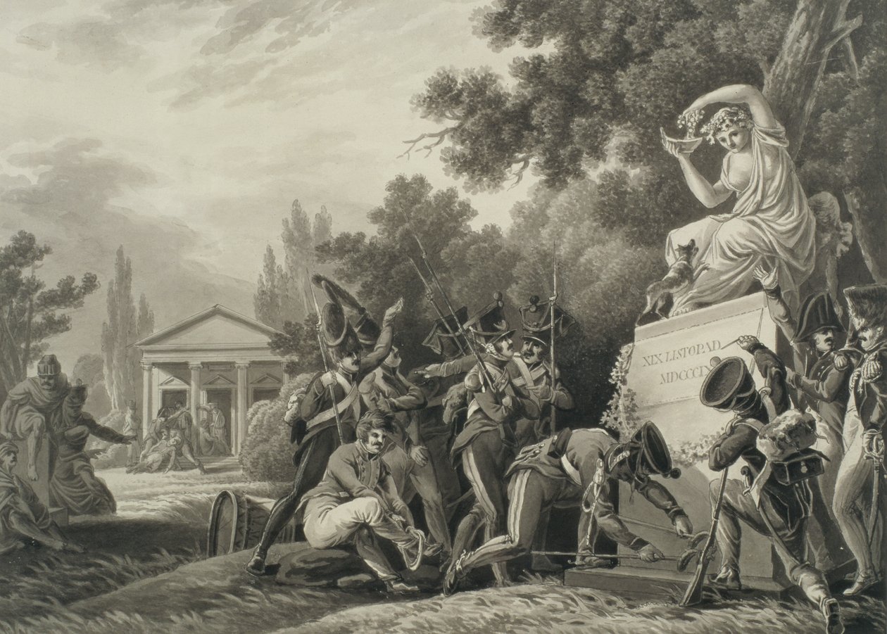 Żołnierze oddający hołd Izabeli Czartoryskiej (1746-1835) (pędzel i tusz na papierze) autorstwa Joseph Richter