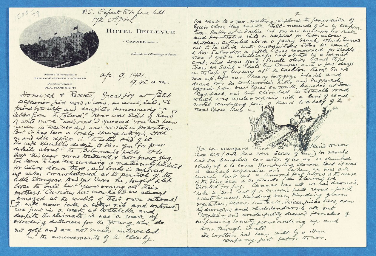 Autograf listu do płk. H. W. Feildena, Hotel Bellvue Cannes, 9 kwietnia autorstwa Joseph Rudyard Kipling