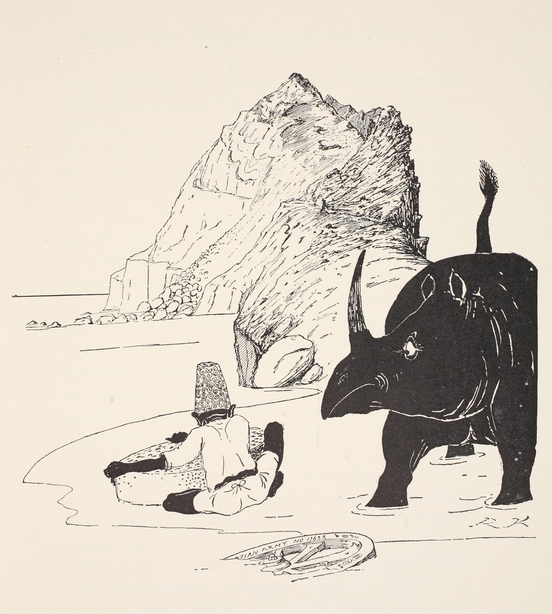 Parsee zaczyna jeść ciasto na bezludnej wyspie, ilustracja z „Takie historie dla małych dzieci” Rudyarda Kiplinga, pub. Londyn, 1951 autorstwa Joseph Rudyard Kipling