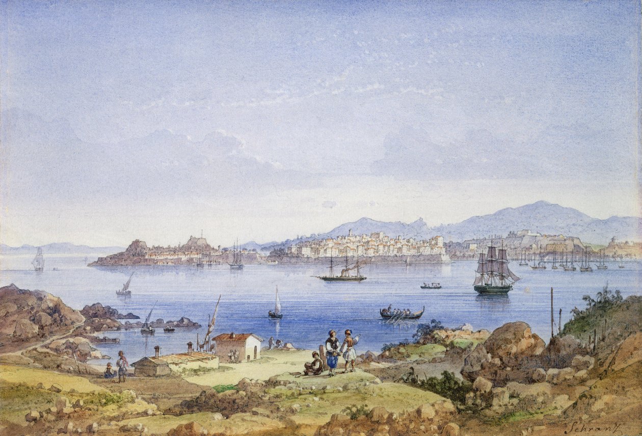 Korfu z wyspy Vido, ok. 1845 (wc nad ołówkiem na papierze) autorstwa Joseph Schranz