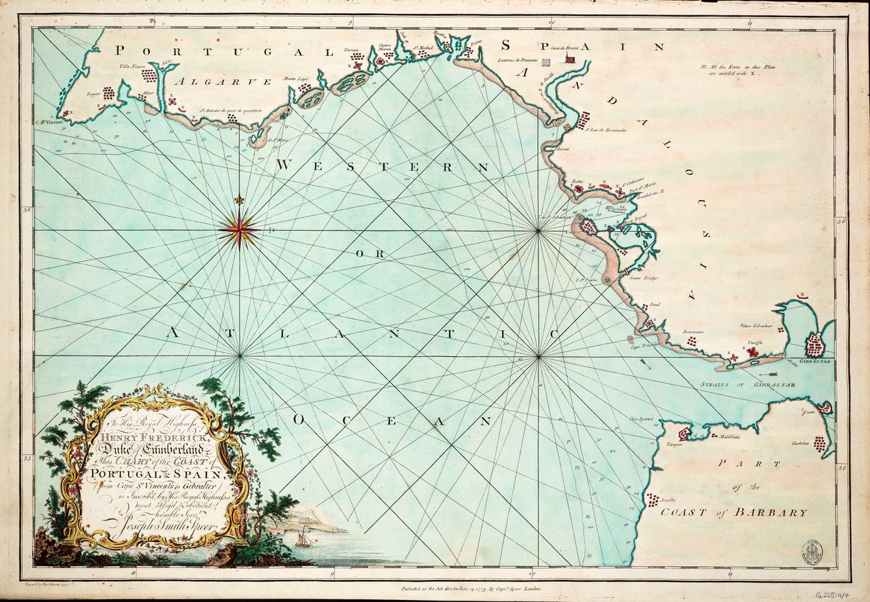 Mapa wybrzeża Portugalii i Hiszpanii, od Przylądka Świętego Wincentego do Gibraltaru autorstwa Joseph Smith Speer
