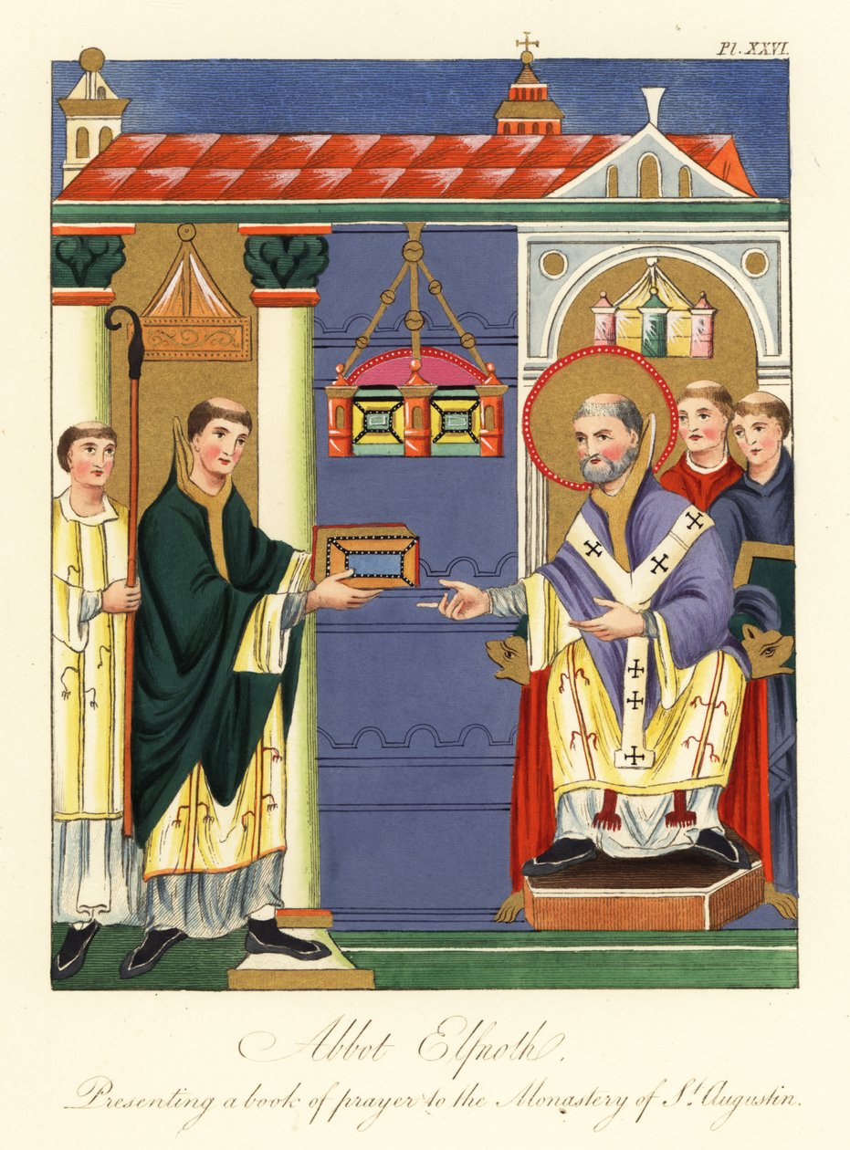 Opat Elfnoth przedstawiający księgę św. Augustynowi, 1858 (rycina) autorstwa Joseph Strutt