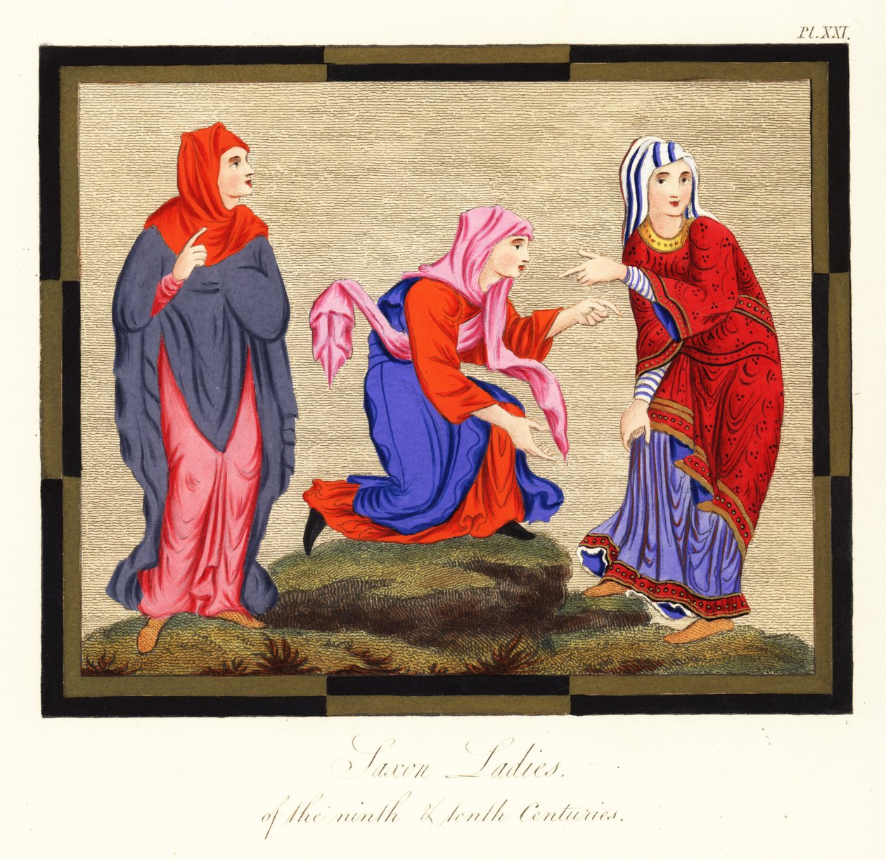 Kostiumy anglosaskie dla kobiet, IX i X wiek , 1854 (rycina) autorstwa Joseph Strutt