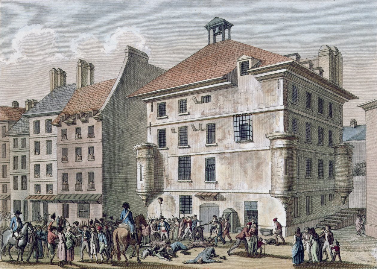 Masakry wrześniowe: Masakra w więzieniu Abbaye w pobliżu St. Germain des Pres, 2-5 września 1792, ryty przez Reiniera Vinkelesa (1741-1816) i Daniela Vrydaga (1765-1822) (kolorowa rycina autorstwa Joseph Swebach Desfontaines