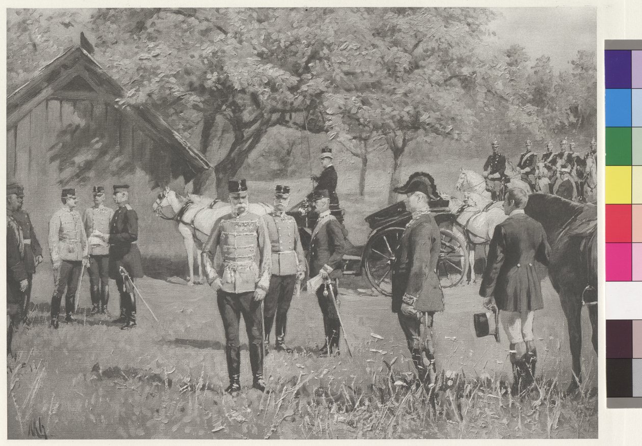 Cesarz Franciszek Józef I i cesarz Wilhelm II na Rendezvousplatz (Placu Spotkań) w Totis autorstwa Joseph Walter