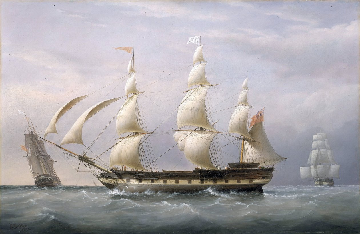 Statek Kompanii Wschodnioindyjskiej "Britannia", widziany z trzech perspektyw, powrócił z Barbadosu. Olej na płótnie autorstwa Joseph Walter