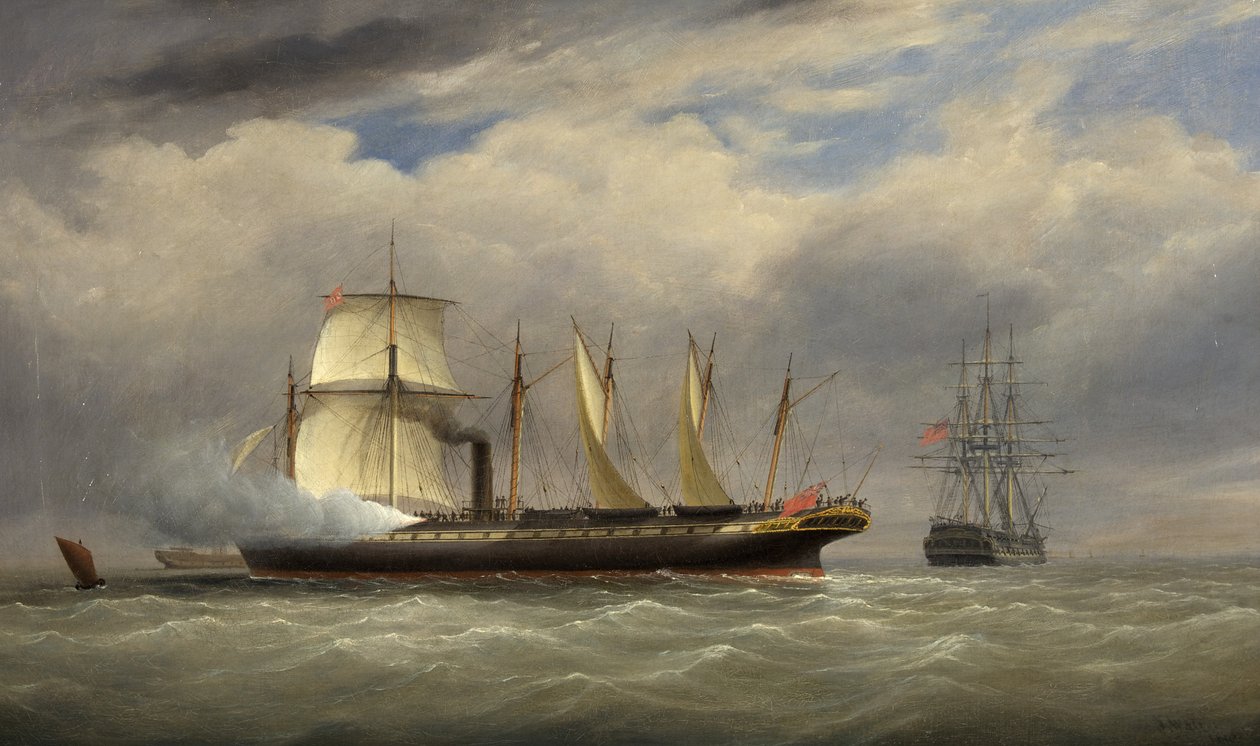 SS „Wielka Brytania” pod parą i żaglami, pozdrawiając okręt wojenny autorstwa Joseph Walter
