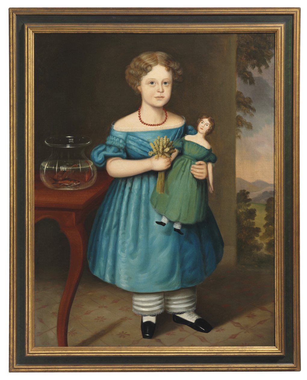 Portret Amy Philpot w niebieskiej sukience z lalką i złotą rybką autorstwa Joseph Whiting Stock