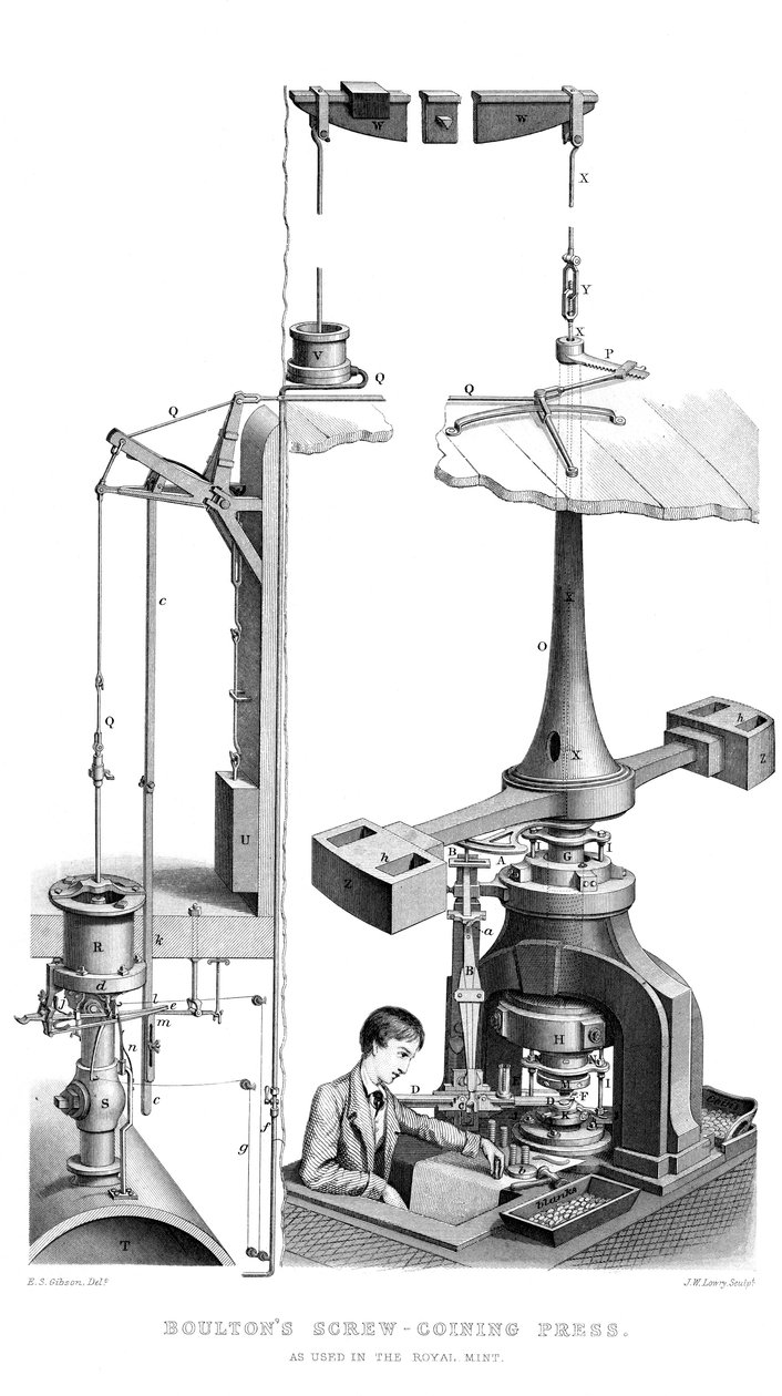 Boultons Screw Coining Press, używana w mennicy królewskiej, 1866. autorstwa Joseph Wilson Lowry