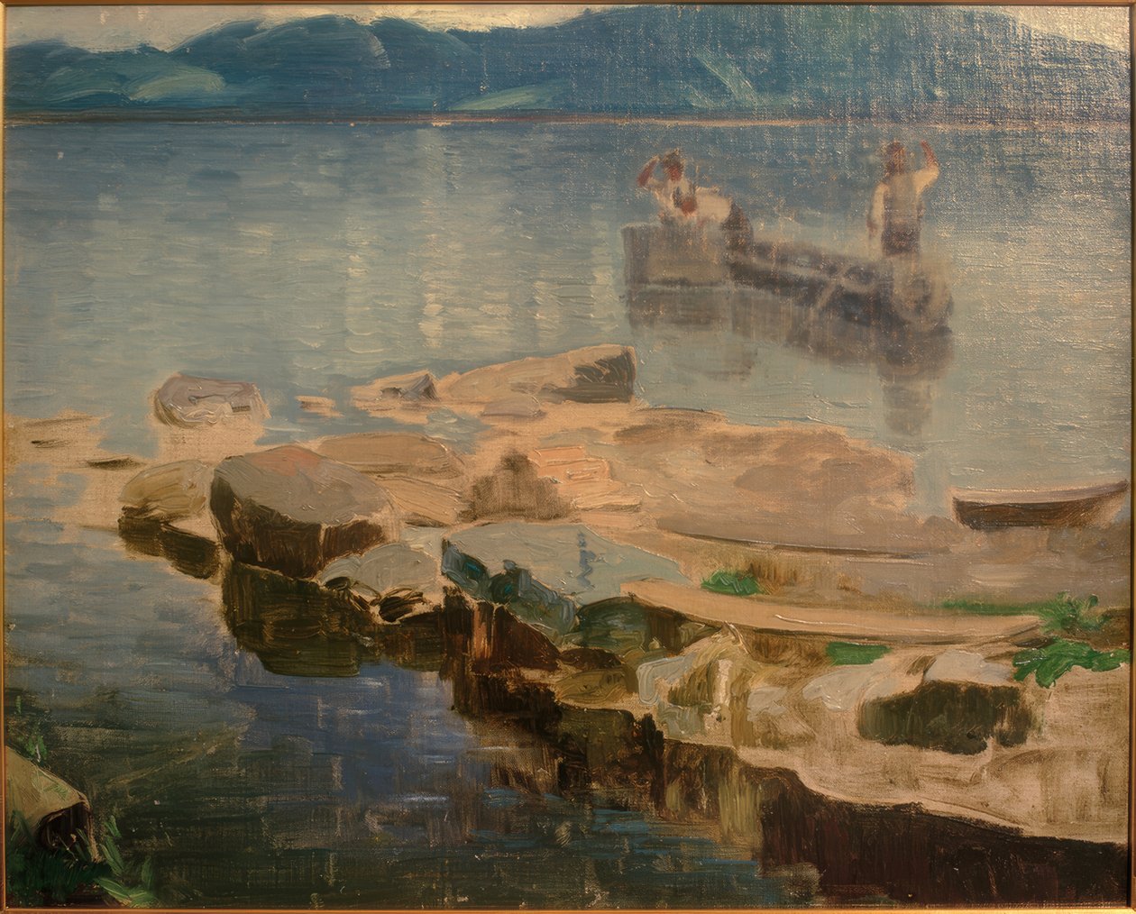 Skalny język w Eibsee z rybakami autorstwa Joseph Wopfner