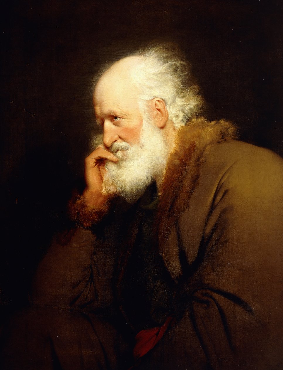 Staruszek, połowa długości, w brązowym futrzanym płaszczu, autorstwa Joseph Wright of Derby
