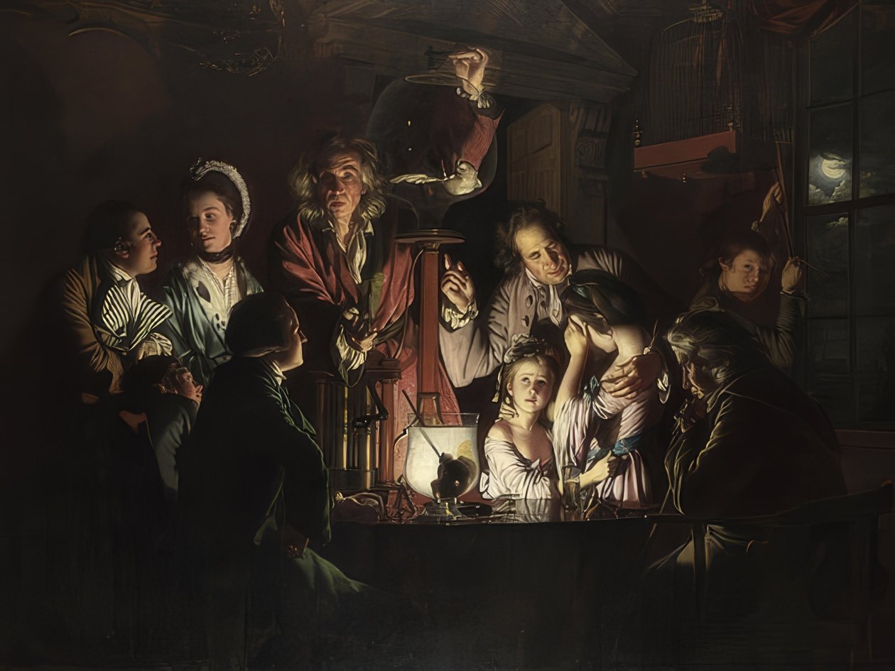 Eksperyment z ptakiem w pompie powietrznej. 1768 autorstwa Joseph Wright of Derby