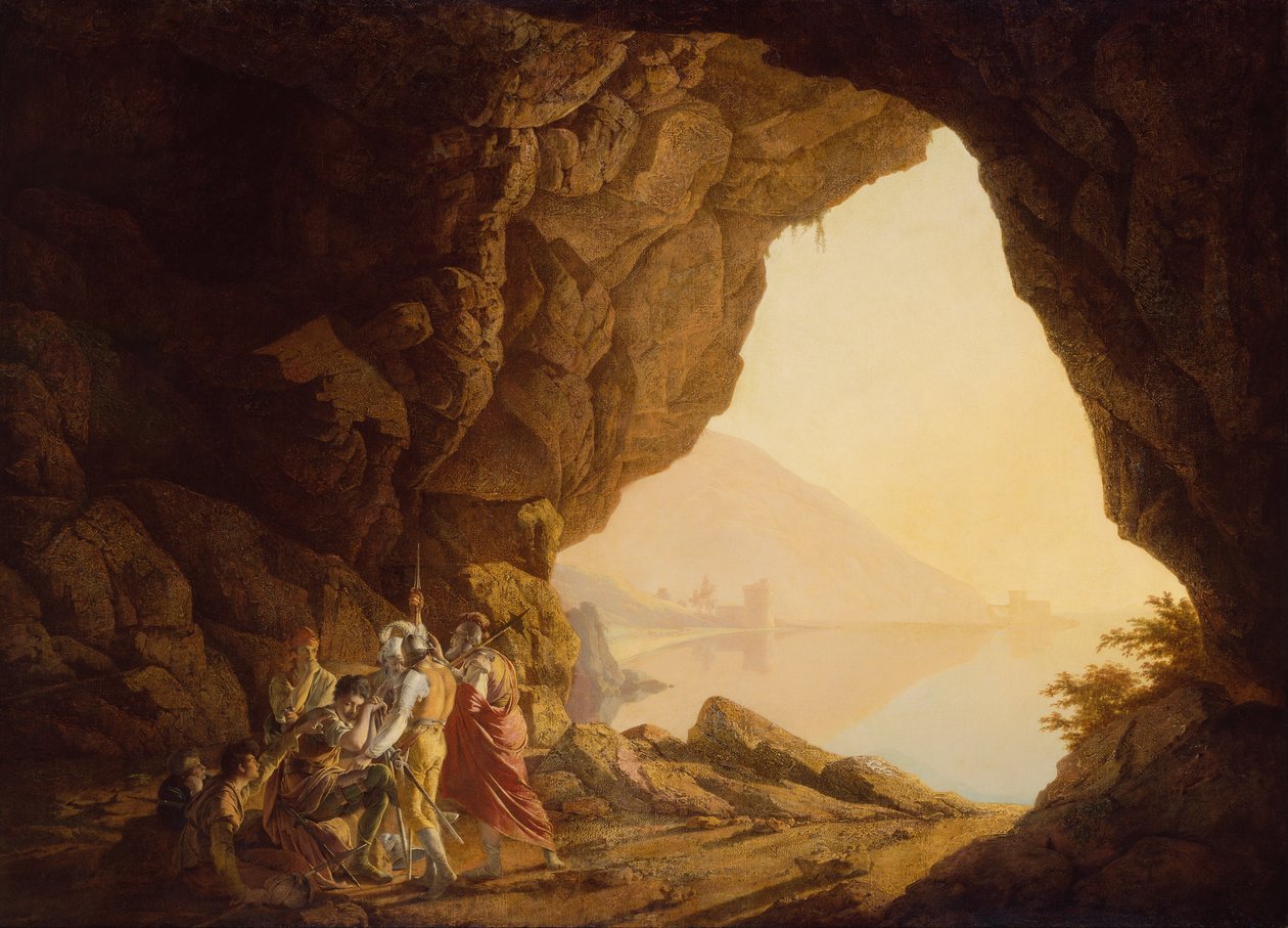 Grota nad morzem w Królestwie Neapolu z Banditti, zachód słońca autorstwa Joseph Wright of Derby