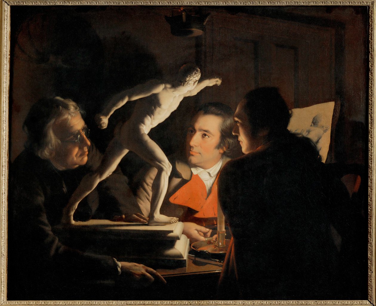 W świetle świecy trzech mężczyzn studiuje mały ... (obraz na płótnie) autorstwa Joseph Wright of Derby