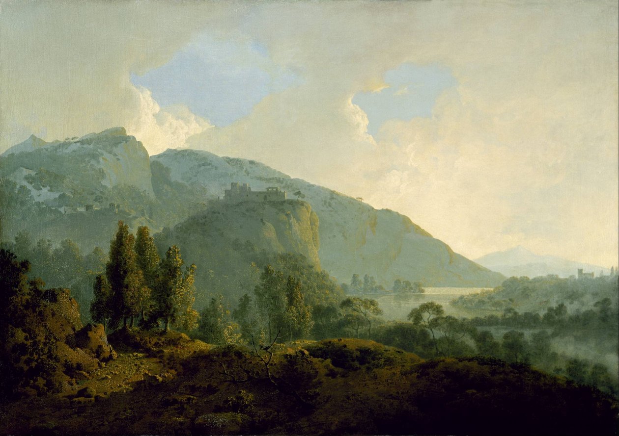 Włoski krajobraz z górami i rzeką autorstwa Joseph Wright of Derby