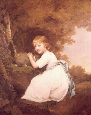 Panna Bentley w białej sukni trzymająca królika autorstwa Joseph Wright of Derby