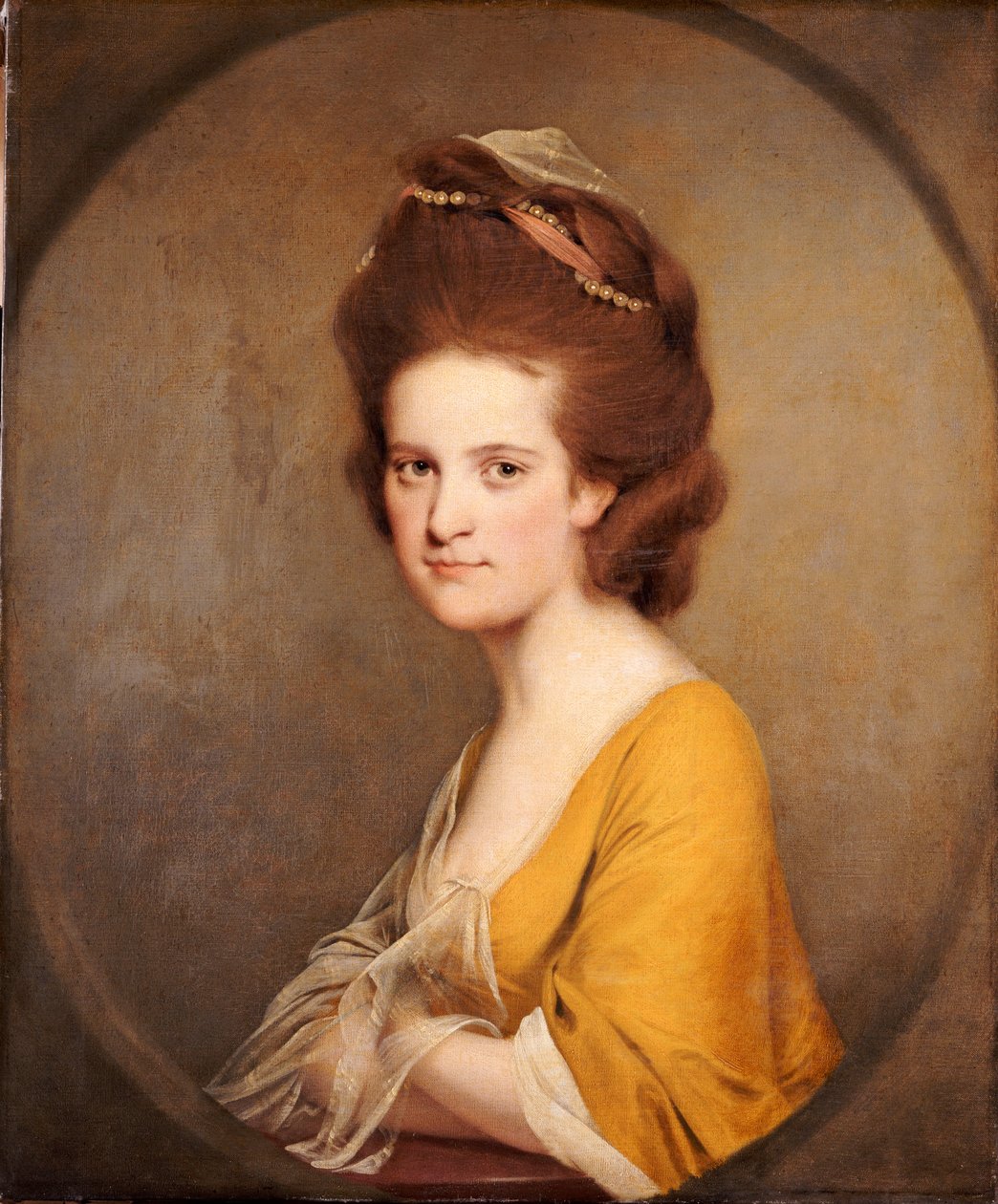 Portret Dorothy Hodges, połowa długości, w żółtej sukience autorstwa Joseph Wright of Derby