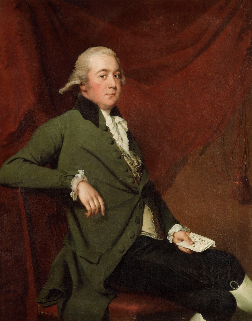 Portret Edwarda Abneya, siedzącego w trzech czwartych, w zielonym płaszczu, trzymającego list na tle czerwonej kurtyny, koniec lat 80. XVIII wieku autorstwa Joseph Wright of Derby