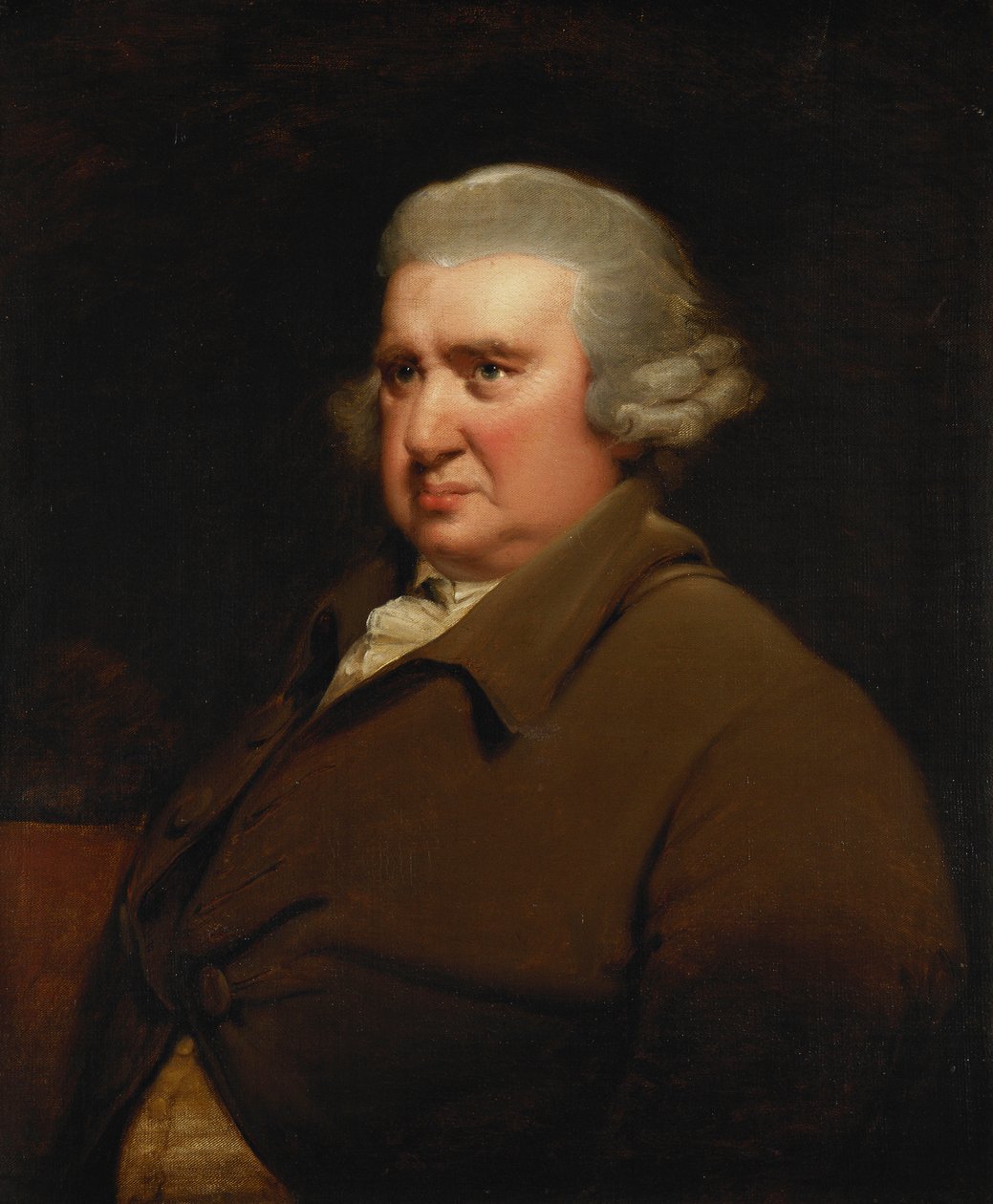 Portret Erasmusa Darwina, do połowy długości, w bufiastym płaszczu i białej koszuli, autorstwa Joseph Wright of Derby