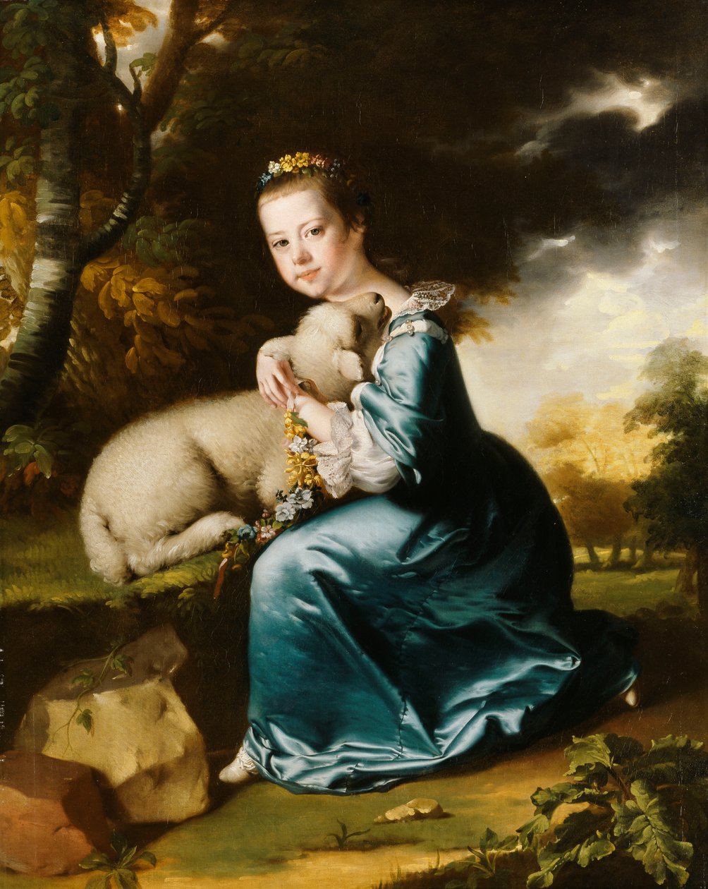 Portret panny Frances Warren, klęczącej na całej długości w zalesionym parku, ubranej w niebieską sukienkę i trzymającej baranka, autorstwa Joseph Wright of Derby