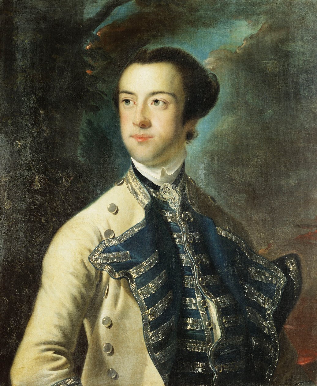 Portret Thomasa Hanwaya, do połowy, w beżowym płaszczu z niebiesko-srebrną okładziną i niebiesko-srebrnej kamizelce, trzymającego kapelusz pod pachą, w krajobrazie, autorstwa Joseph Wright of Derby