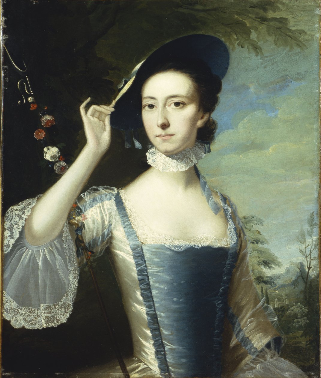 Portret damy przy wianku z kwiatów, w pejzażu autorstwa Joseph Wright of Derby