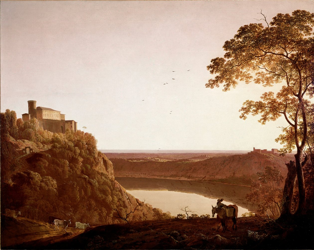 Widok na jezioro Nemi o zmierzchu Malarstwo Josepha Wrighta dit Wrighta z Derby (1734-1797) autorstwa Joseph Wright of Derby