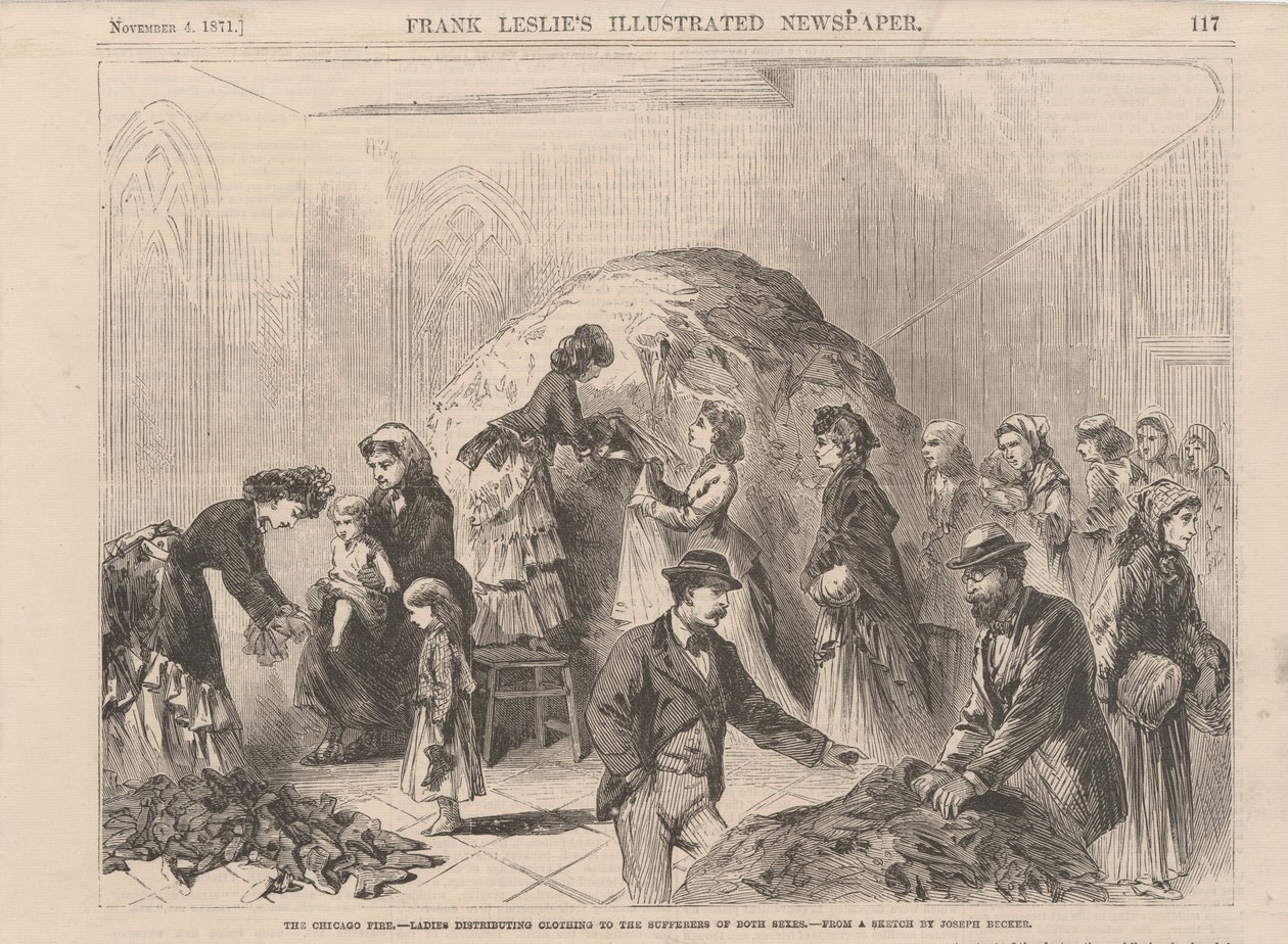 Chicago Fire: panie rozdające odzież cierpiącym obu płci, ilustracja z Frank Leslies Illustrated Newspaper, 1871 autorstwa Joseph after Becker