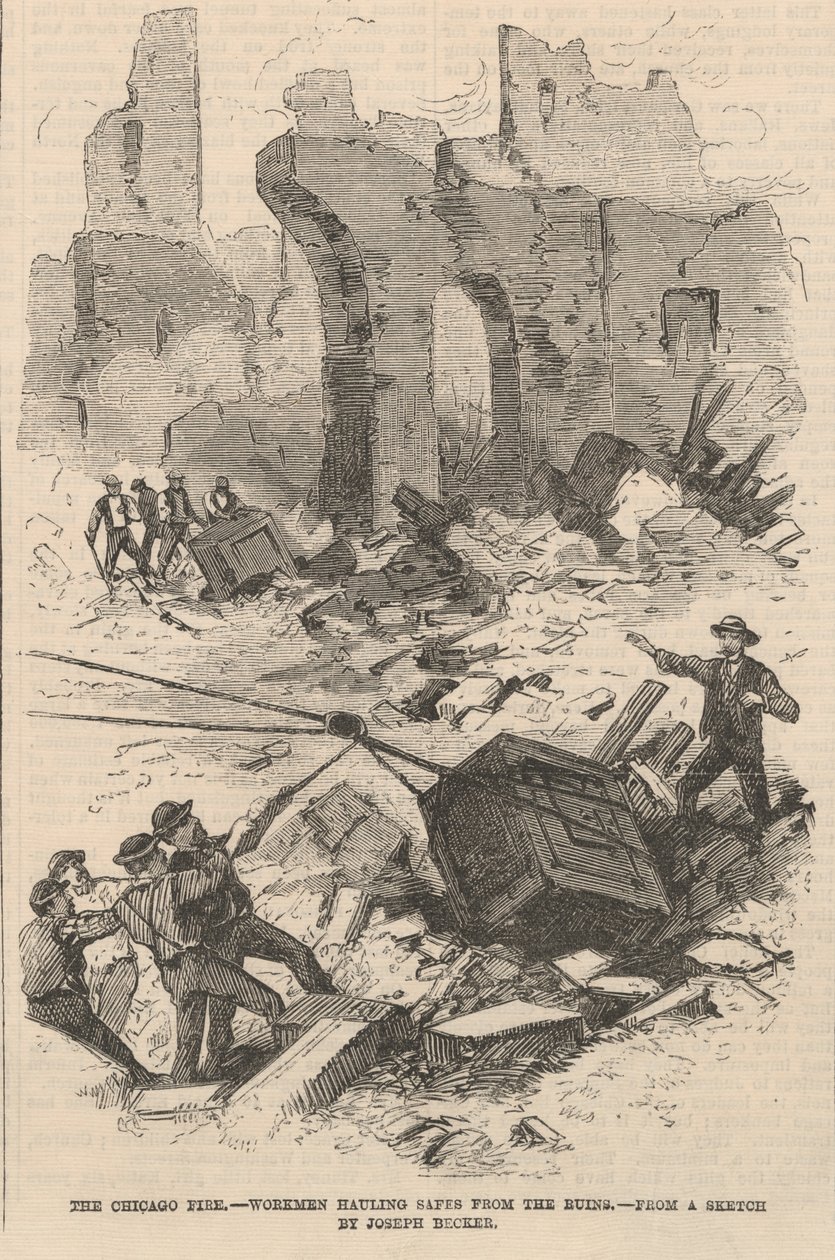 Robotnicy wyciągający sejfy z ruin, ilustracja z gazety ilustrowanej Frank Leslies, 1871 autorstwa Joseph after Becker