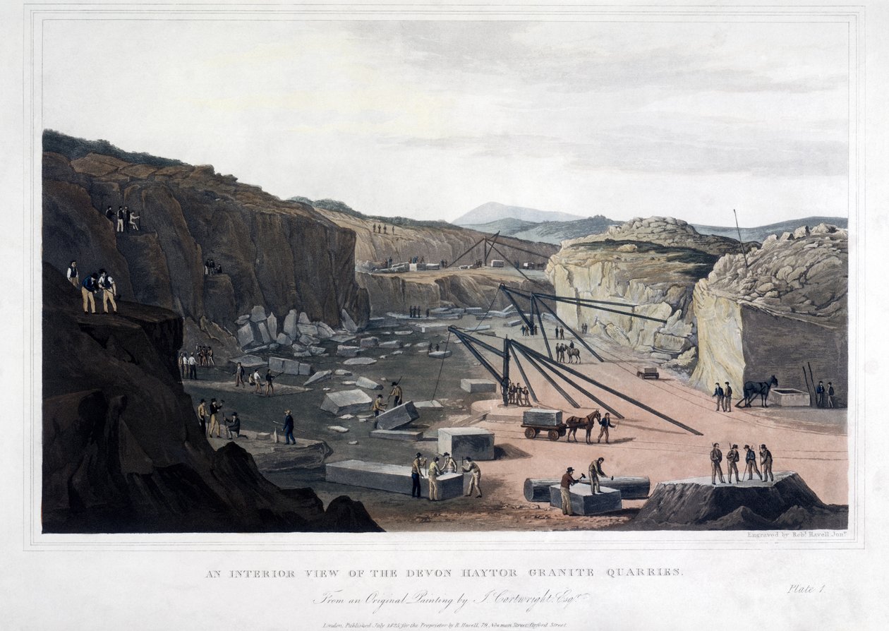Widok wnętrza kamieniołomów granitu Devon Haytor, rytowany przez Roberta Havella (1793-1878) 1825 (kolorowa akwatinta) autorstwa Joseph after Cartwright