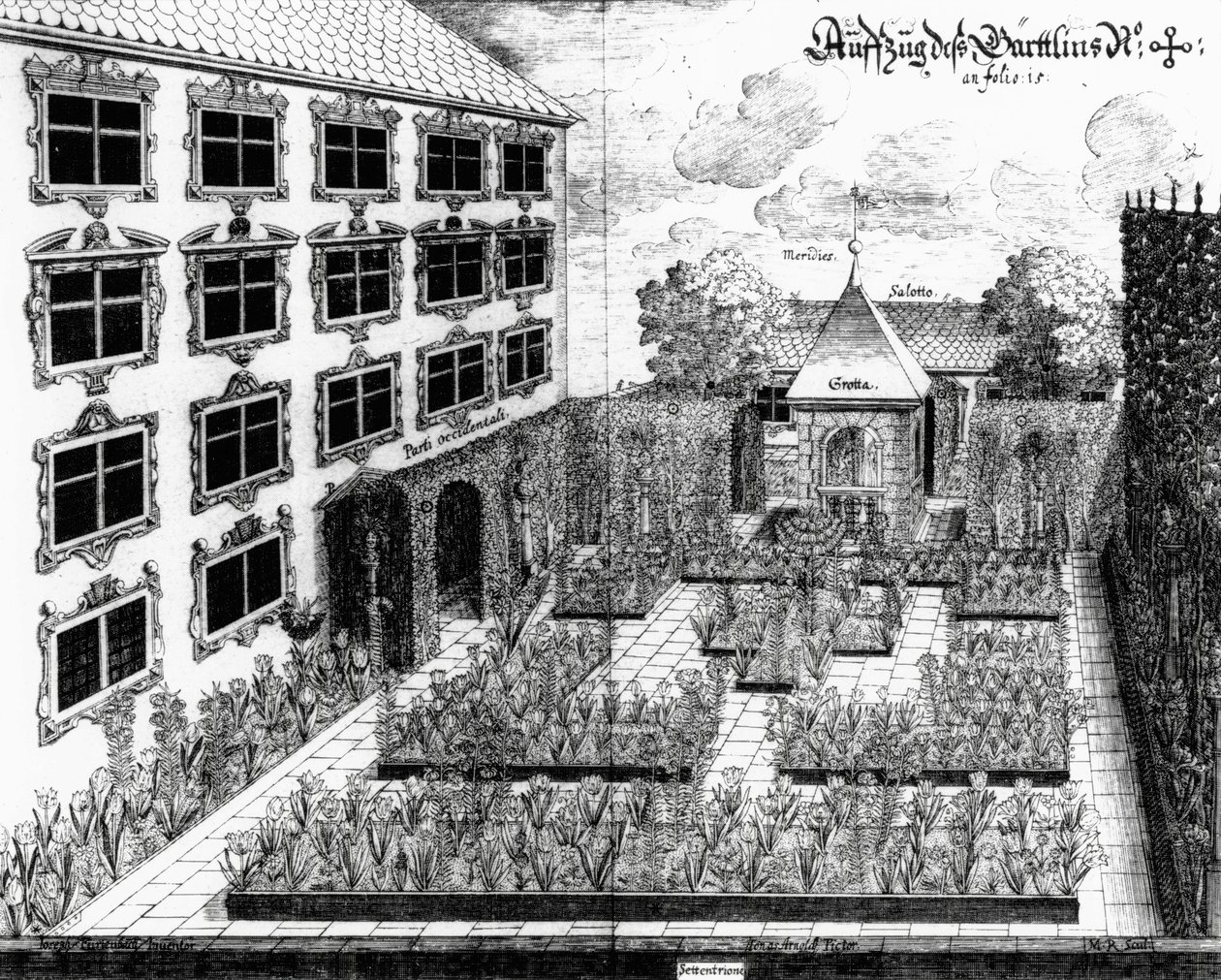 Projekt ogrodu Furttenbacha w Ulm, z Architectura Privata, sztychowany przez Jonasa Arnolda (1600-69), opublikowany 1641 autorstwa Joseph after Furttenbach