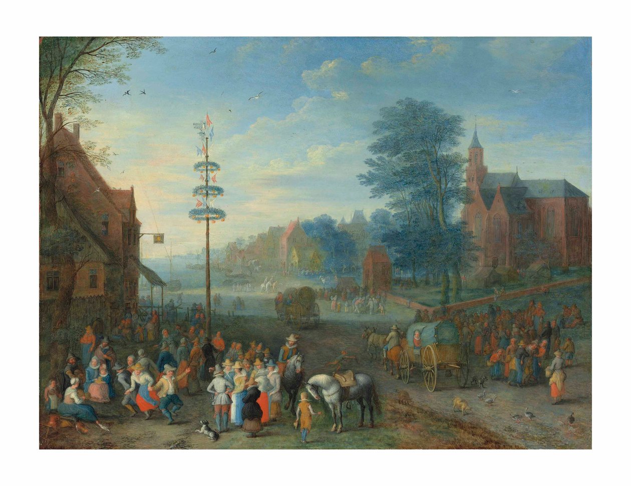 Wioski kiermasz z postaciami tańczącymi wokół drzewka majowego (olej na miedzi) autorstwa Joseph van Bredael