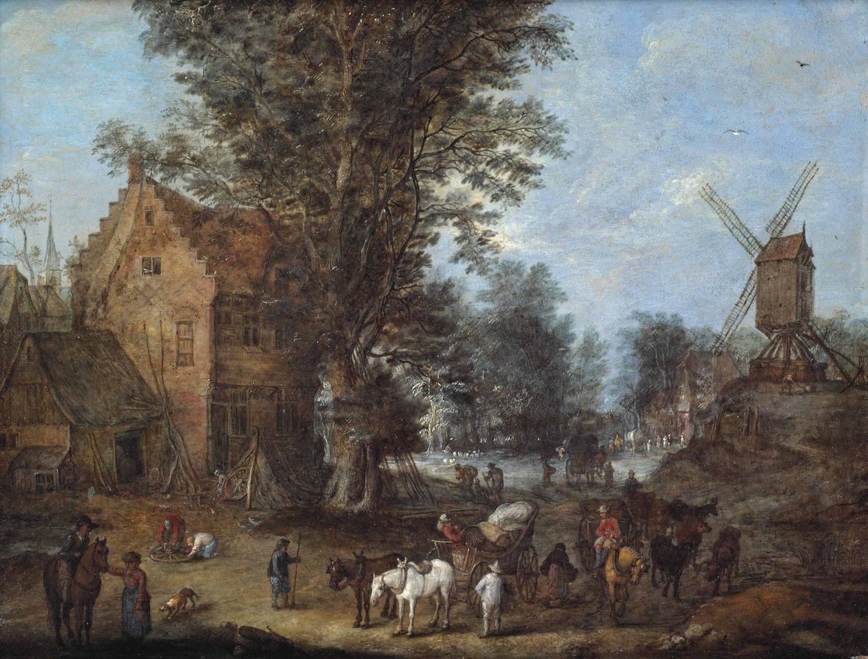 Scena wioski z podróżnymi i woźnicami oraz wieloma innymi postaciami wykonującymi swoje codzienne czynności autorstwa Joseph van Bredael