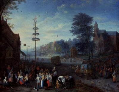Wioski kiermasz z wieśniakami tańczącymi wokół maju i podróżnikami na drodze autorstwa Joseph van Bredael