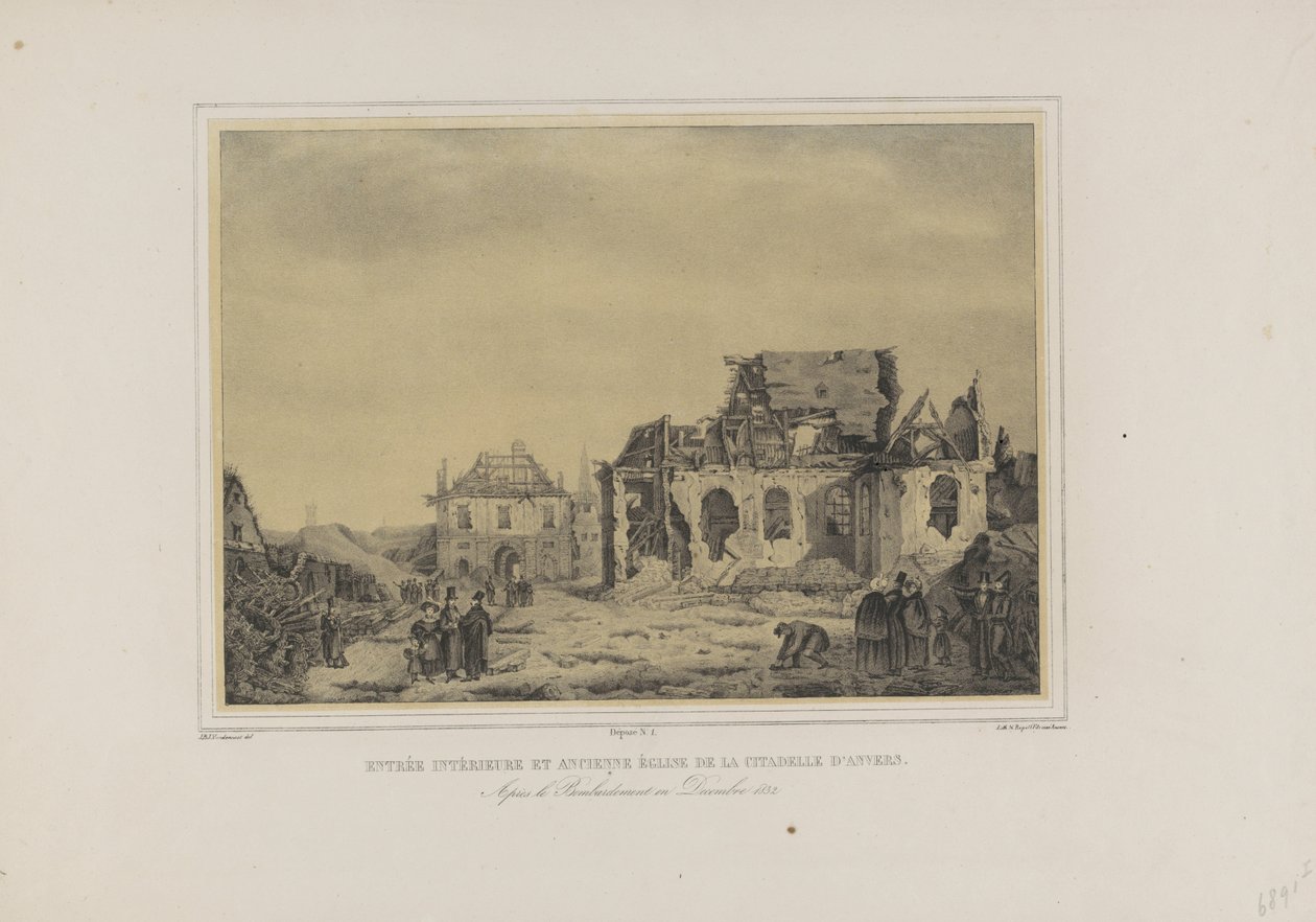 Poort en kerk w de Citadel van Antwerpen, 1832 Wejście wewnętrzne i stary kościół Cytadeli w Antwerpii. Po bombardowaniu w grudniu 1832 (tytuł na obiekcie) Album siedmiu widoków ruin wnętrza Cytadeli Antwerpii (tytuł serii) autorstwa Joseph van den Nest