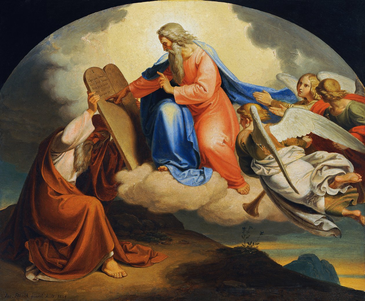 Bóg napisał Mojżeszowi Dziesięć Przykazań na dwóch kamiennych tablicach na górze Synaj autorstwa Joseph von Fuhrich