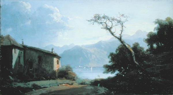 Scena nad jeziorem we Francji (olej na płótnie) autorstwa Josephine Bowes