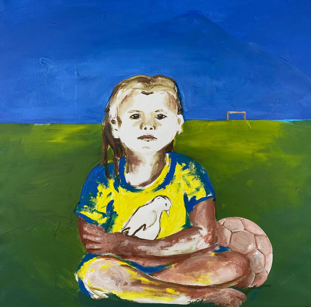 Mädchen mit Taube (Dziewczyna z gołębiem), 2022 (farba akrylowa na płótnie) autorstwa Josephine Henning