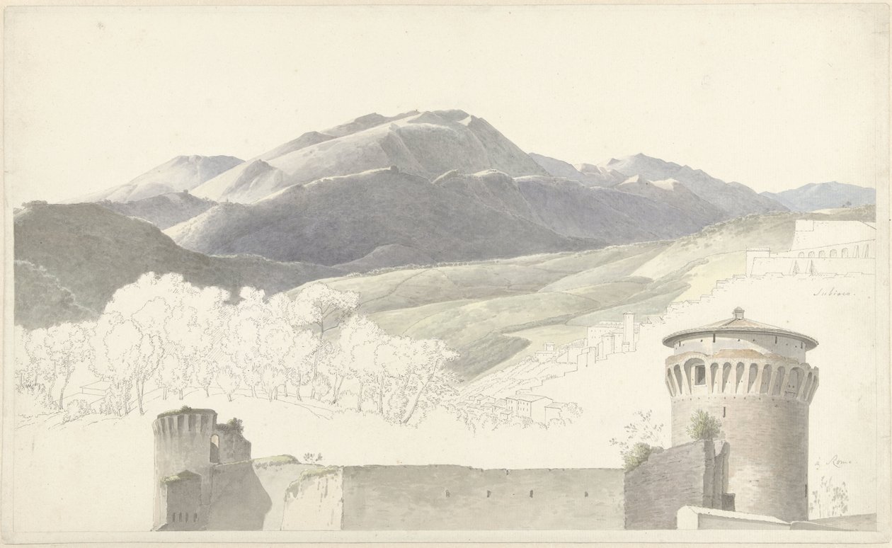 Krajobraz w Subiaco i budynek w Rzymie autorstwa Josephus Augustus Knip