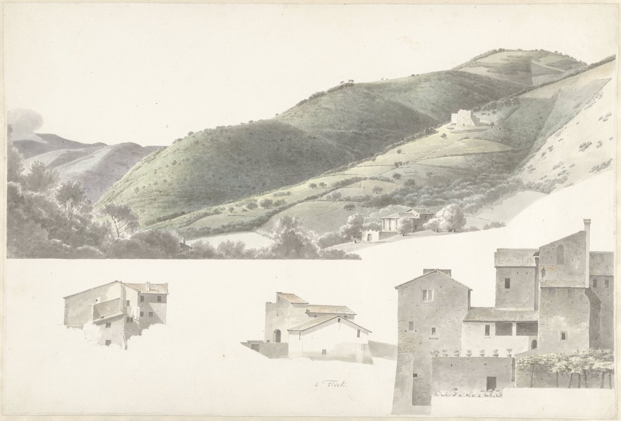 Krajobraz i kilka domów w pobliżu Tivoli autorstwa Josephus Augustus Knip