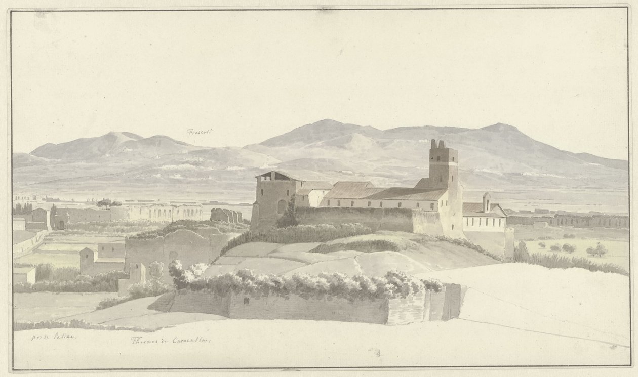 Termy Karakalli w Rzymie z Frascati w oddali De Thermen van Caracalla, Rzym, met de Porta Latina en in de verte Frascati autorstwa Josephus Augustus Knip