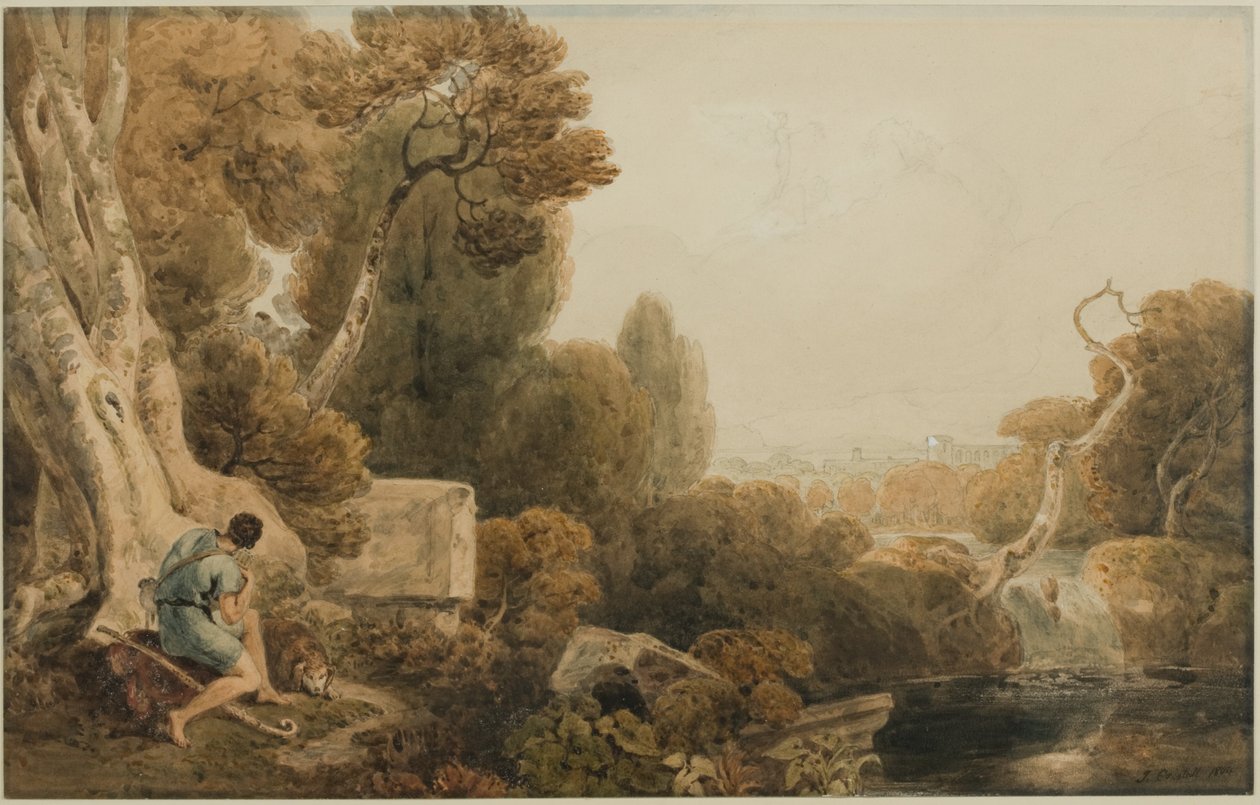 Klasyczny pejzaż świtu z postaciami pasterskimi i zorzą w swoim rydwanie, 1804 (ołówek i wc na papierze) autorstwa Joshua Cristall