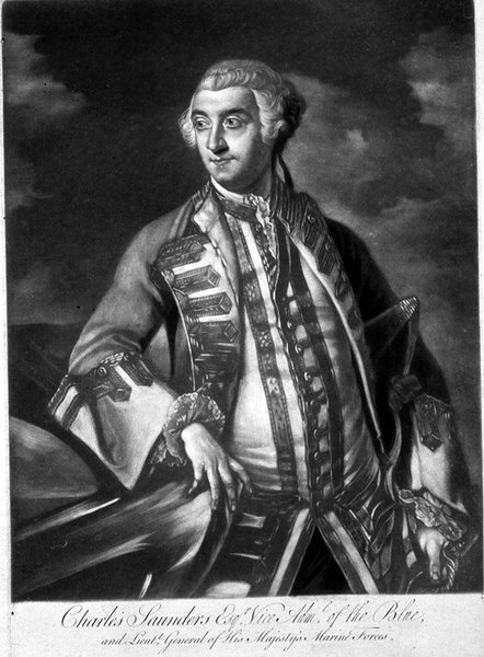 Portret admirała Sir Charlesa Saundersa (ok. 1713-75) wiceadmirała Błękitnej Eskadry, grawerowany przez Jamesa McArdella (ok. 1729-65) (rycina) autorstwa Joshua (after) Reynolds