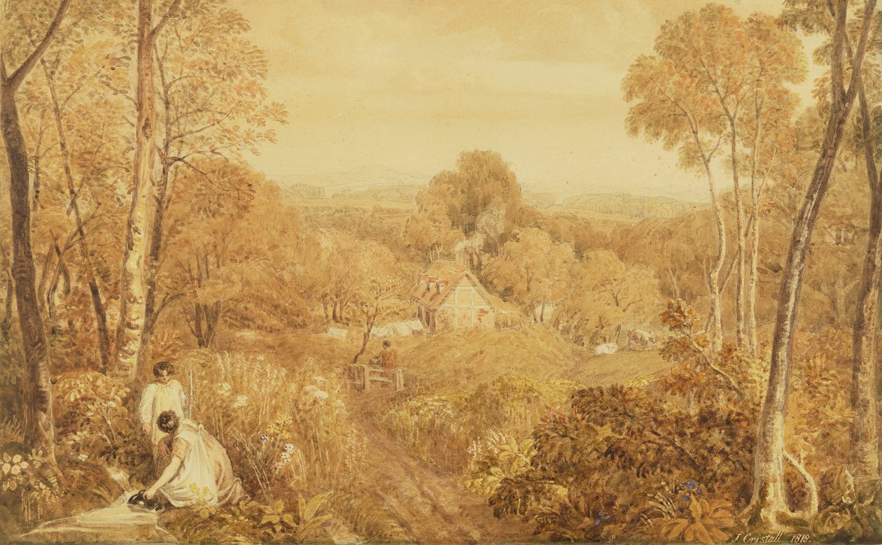 Pejzaż leśny z chatami i kobietami, Hurley, Berks, 1818 (wc, grafit na papierze) autorstwa Joshua Cristall