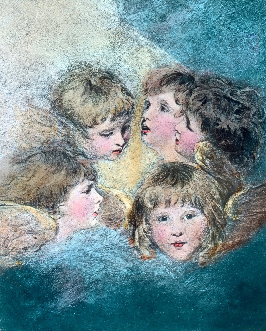 Głowy aniołów - studium portretu dziecka w różnych ujęciach. Obraz olejny namalowany przez angielskiego malarza Sir Joshua Reynolds (1723 - 1792) w latach 1786/1787. Data powstania obrazu: około 1910 roku. Archiwum Carla Simona autorstwa Joshua Reynolds