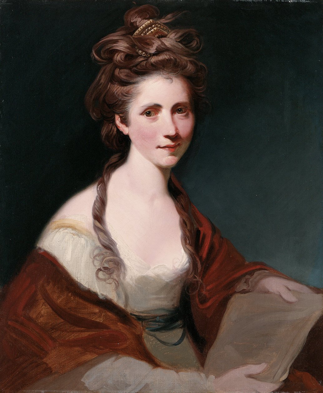 Portret Angeliki Kauffmann, do połowy długości w kolorze białym, w czerwonym szalu autorstwa Joshua Reynolds