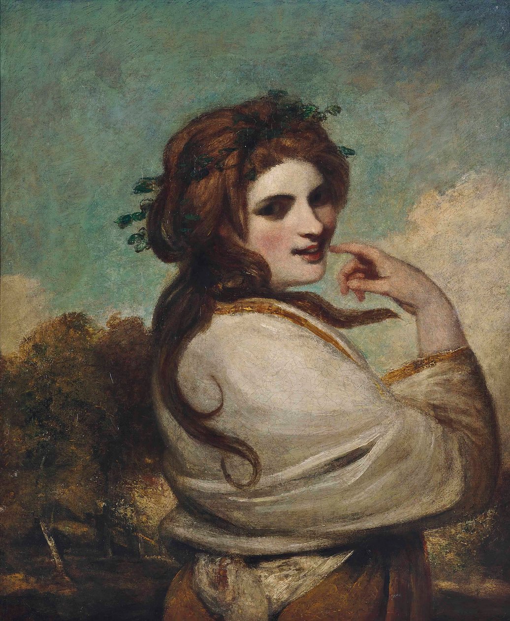 Portret Emmy, Lady Hamilton, jako Bachantka, do połowy długości, w żółtej sukience i białym szalu, w pejzażu autorstwa Joshua Reynolds